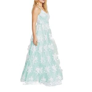 SAY YES TO THE PROM Aqua Floor Length Dress Sheer Lace Appliqué NWT Juniors 5-6